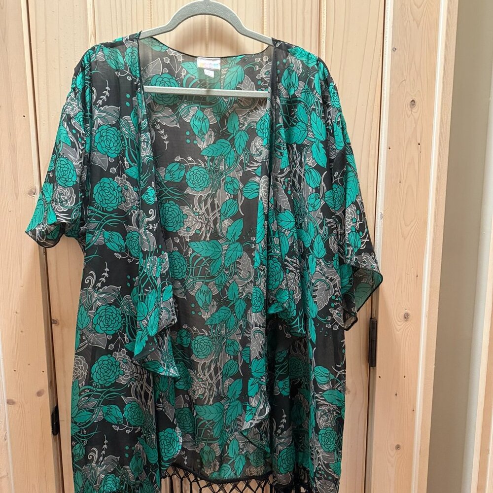 LuLaRoe Kimono with Fringe, Green/Black, Size Large